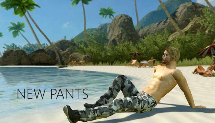 Male avatar relaxing outdoors on a tropical beach.