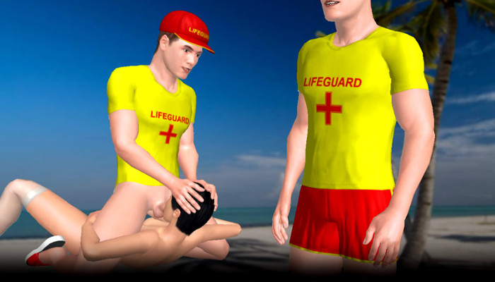 Lifeguard-themed avatars in a beach roleplay scene.