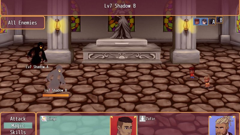 Top-down RPG scene in a decorated building — Burning Horns: A Bara Isekai JRPG screenshot.