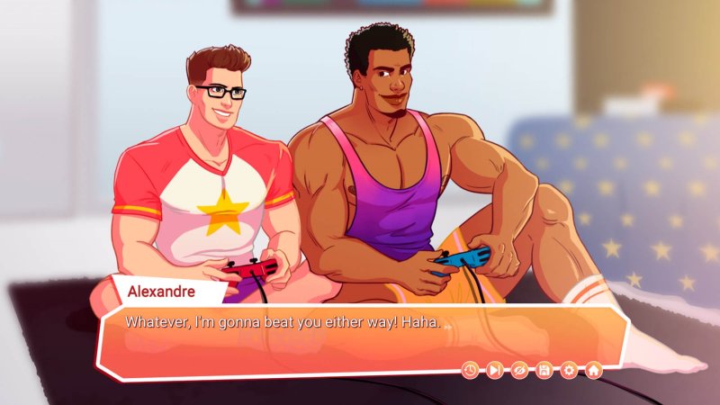 Bara visual-novel dialogue between muscular male characters — Freezer Pops: A Hot Bara Business screenshot.