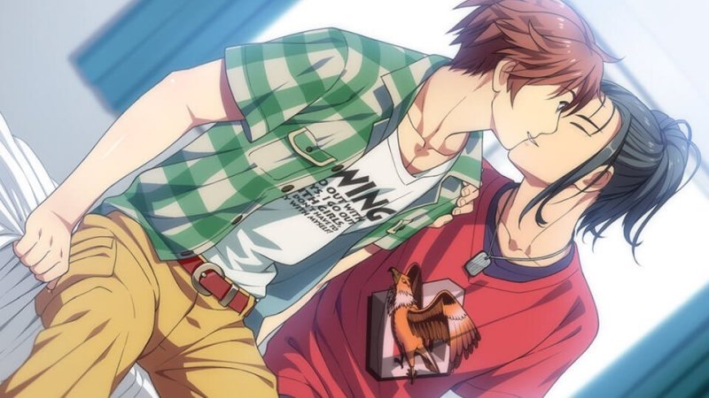 Two adult male visual-novel characters shown close together — No Thank You!!! screenshot.