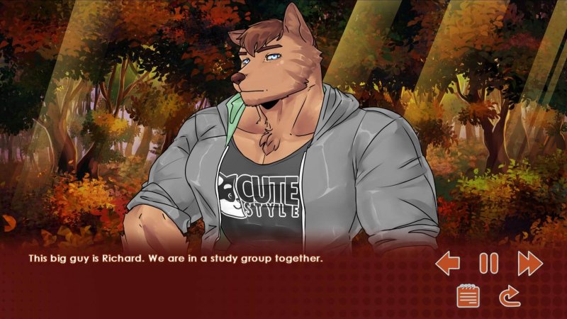 Male anthropomorphic wolf character in story dialogue — Run, Kitty! Special Edition screenshot.