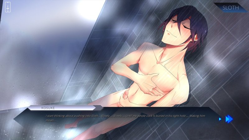 Shirtless male character in a steamy indoor setting — Sinsations screenshot.