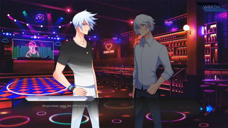 Two male characters talking in a neon-lit bar — Sinsations screenshot.