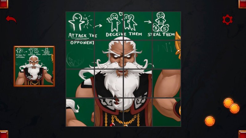 Adult male illustration displayed in a picture puzzle — Villain Project screenshot.